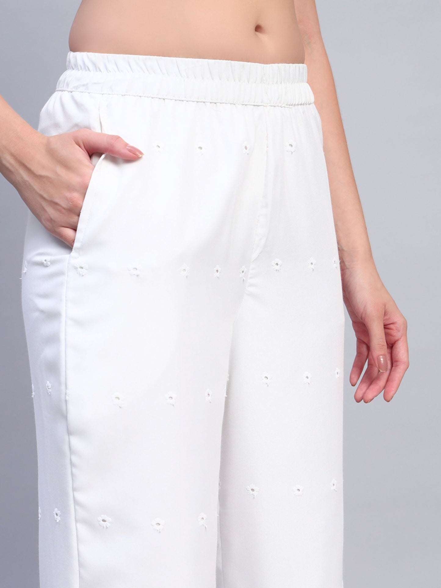 White Chikankari Cotton blend Women's Palazzo