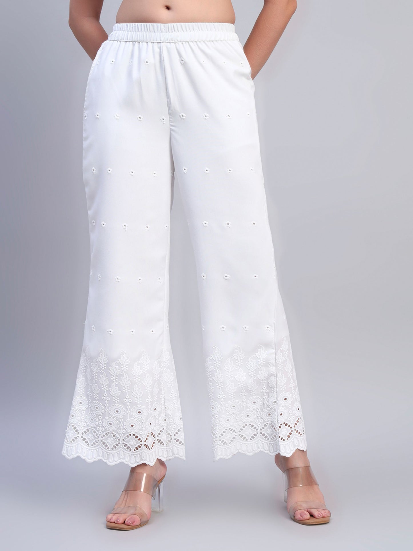 White Chikankari Cotton blend Women's Palazzo