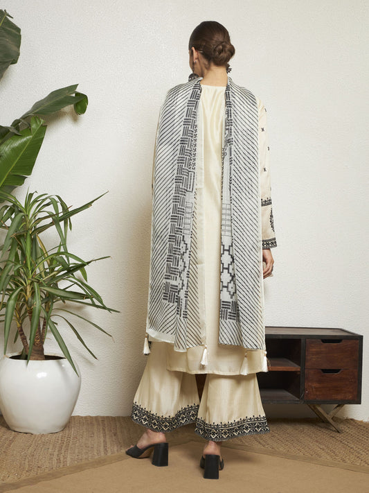 Ivory Embroidered Silk Women's Kurta,Palazzo and Dupatta Set