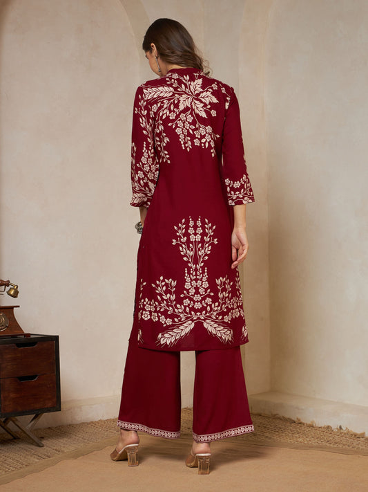 Maroon Printed Rayon Women's Kurta and Palazzo Set