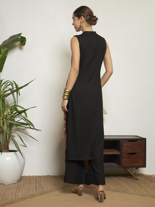 Black Printed Rayon Women's Kurta and Palazzo Set