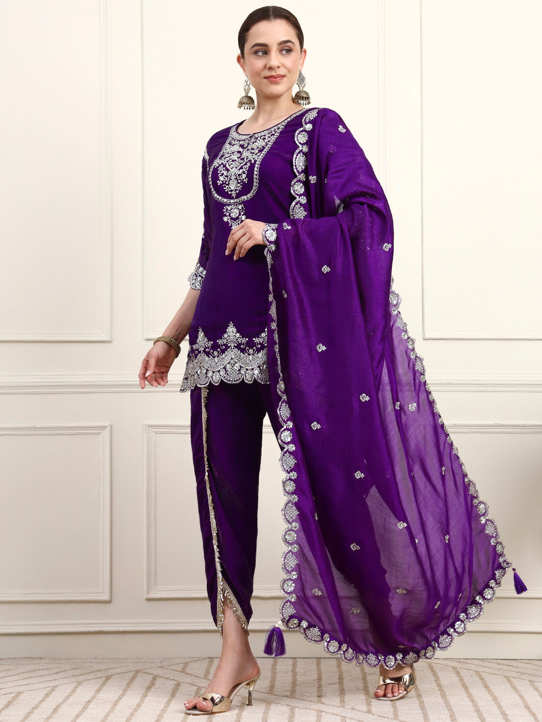 Embroidered Silk Women's Kurta, Dhoti & Dupatta Set