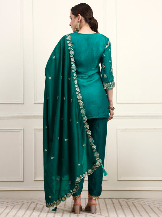 Embroidered Silk Women's Kurta, Dhoti & Dupatta Set