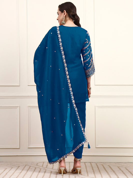 Embroidered Silk Women's Kurta, Dhoti & Dupatta Set