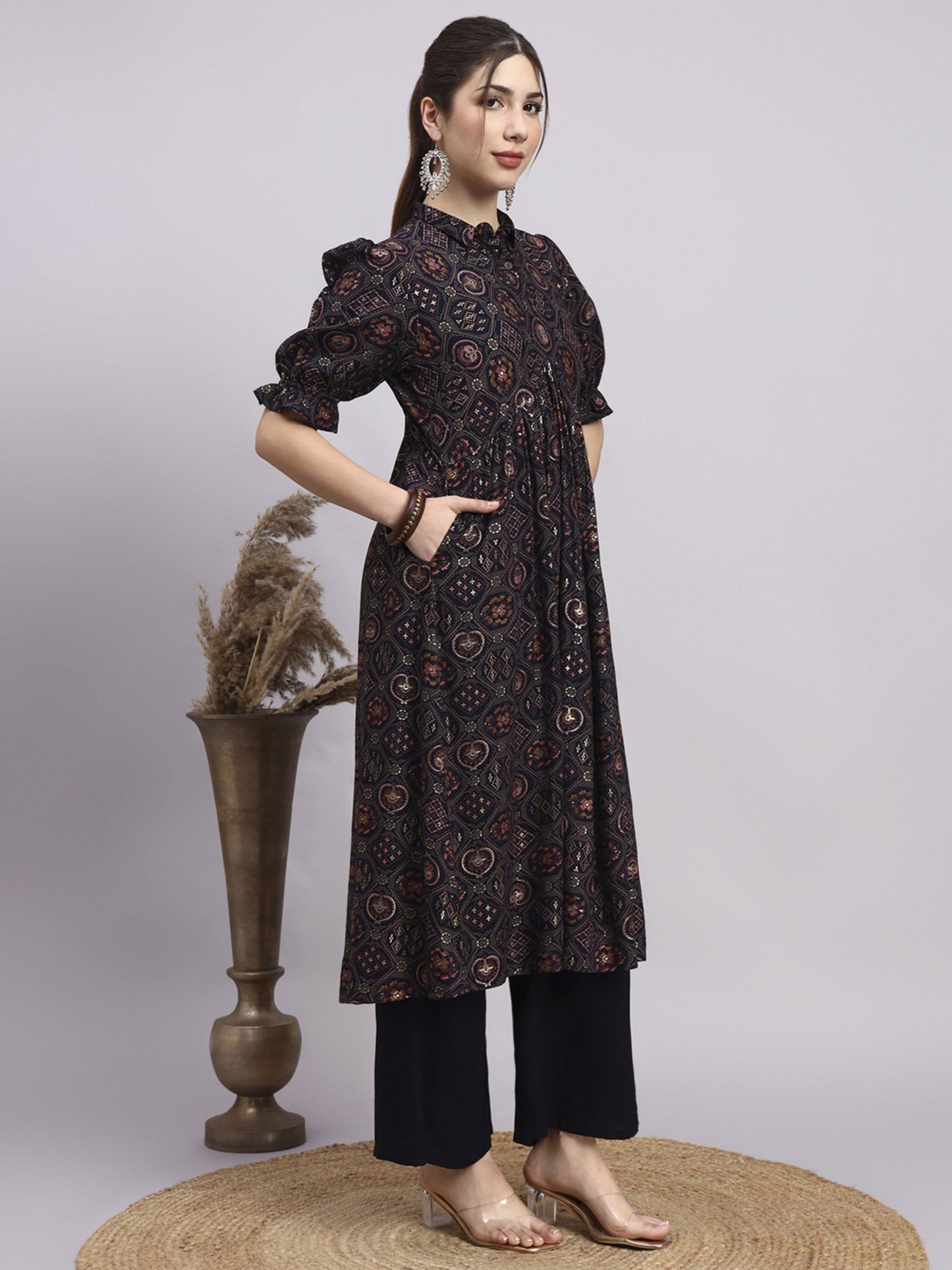 Black Printed Rayon Women's Kurta and Palazzo Set