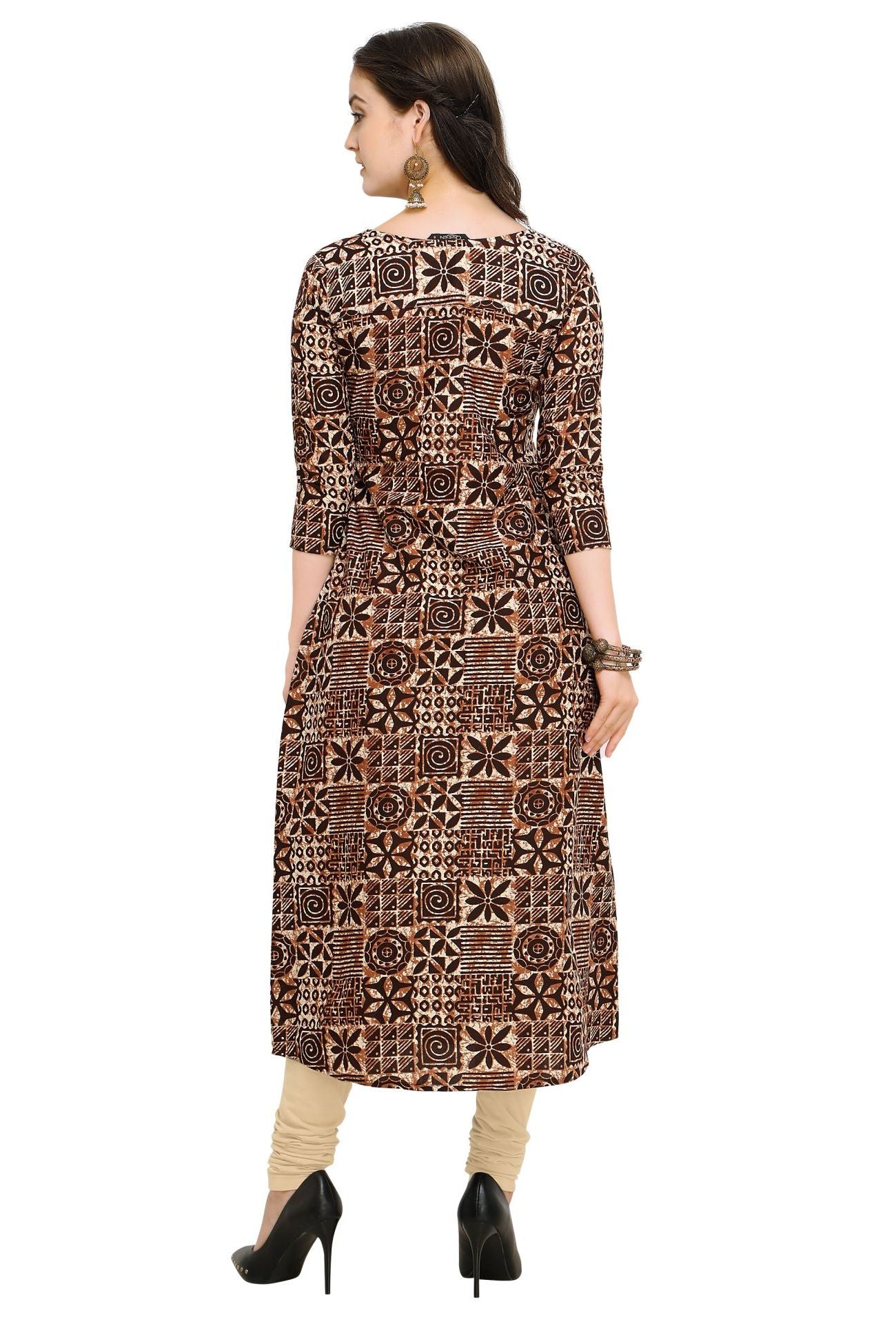 Coffee Pure Cotton Printed Women's A-line Kurta