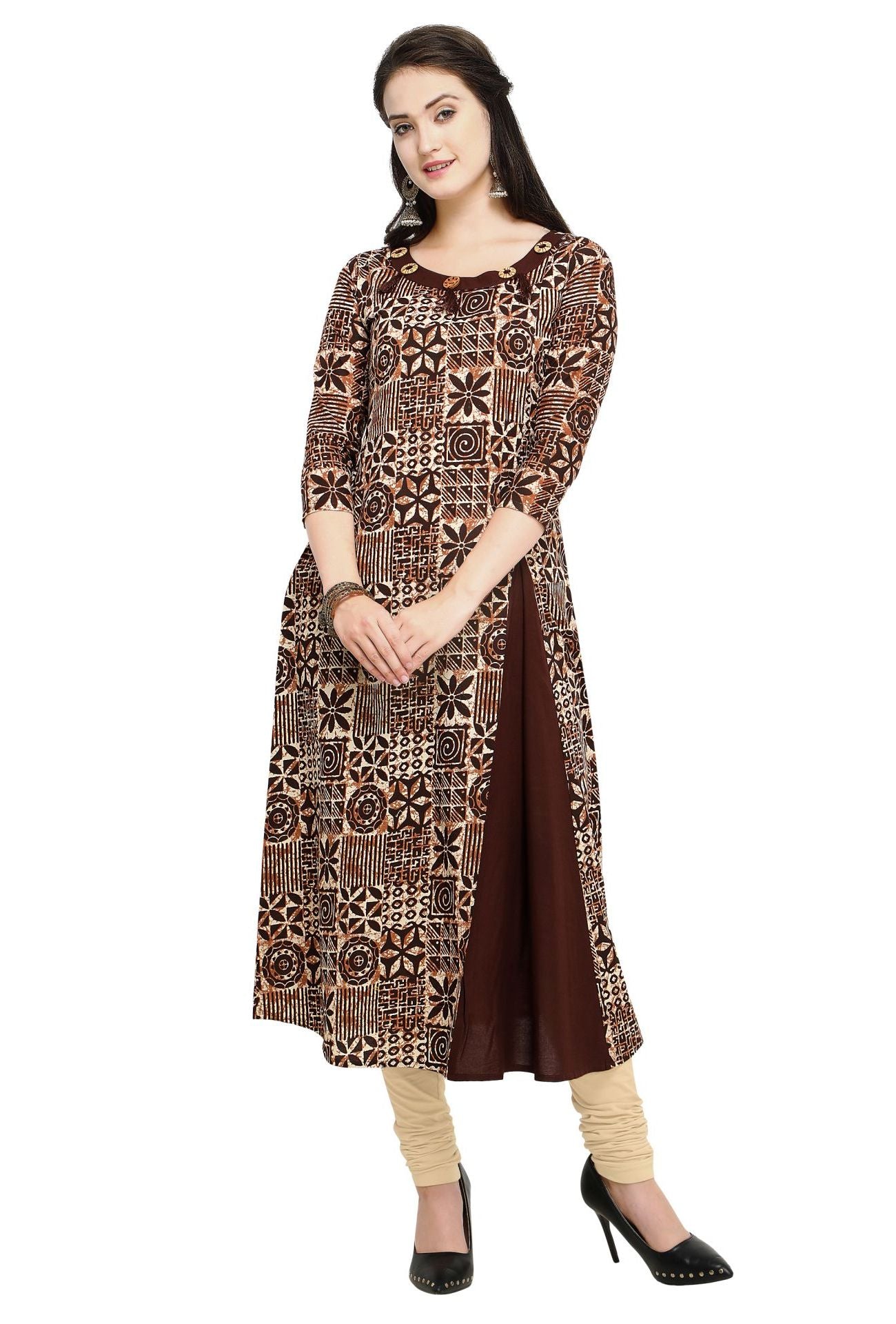 Coffee Pure Cotton Printed Women's A-line Kurta