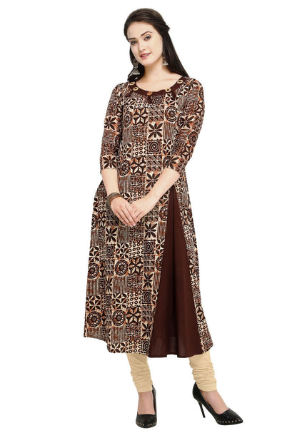 Coffee Pure Cotton Printed Women's A-line Kurta