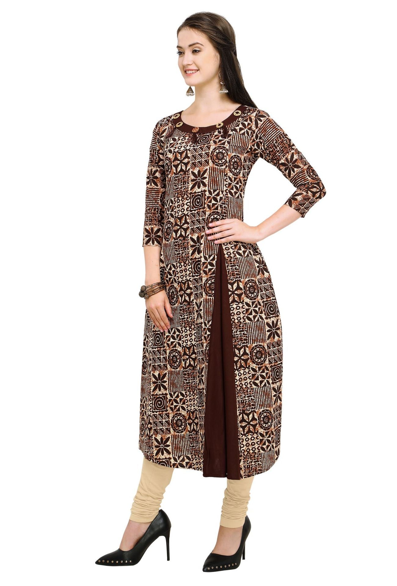 Coffee Pure Cotton Printed Women's A-line Kurta