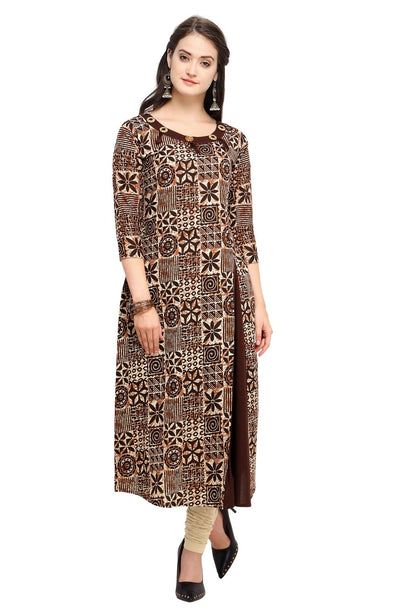 Coffee Pure Cotton Printed Women's A-line Kurta