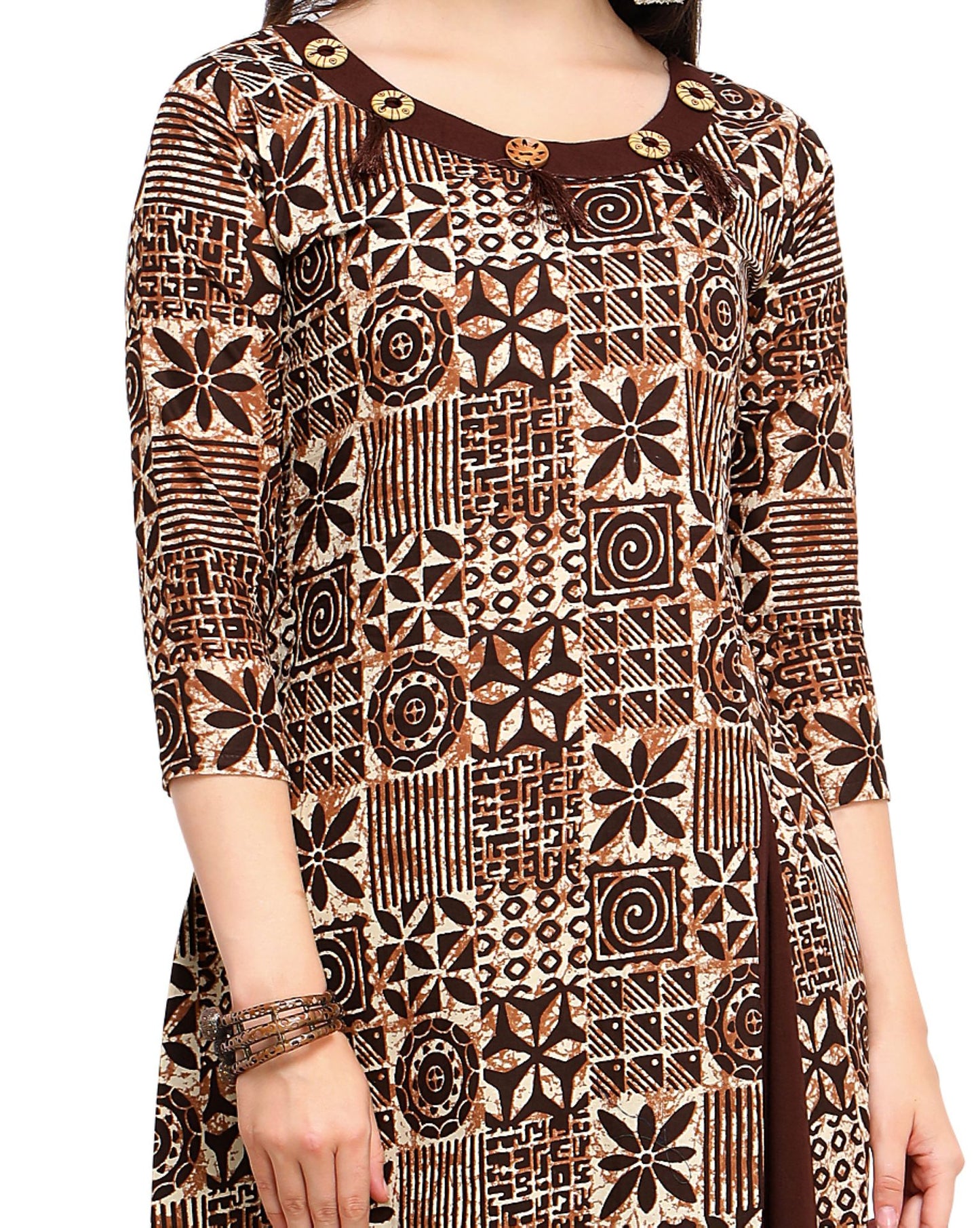 Coffee Pure Cotton Printed Women's A-line Kurta