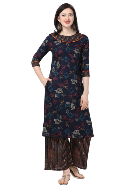 Navy Blue Rayon Foil Print Women's Straight Kurta