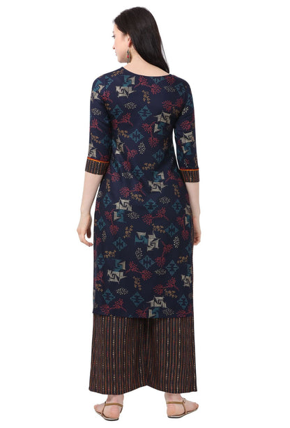 Navy Blue Rayon Foil Print Women's Straight Kurta