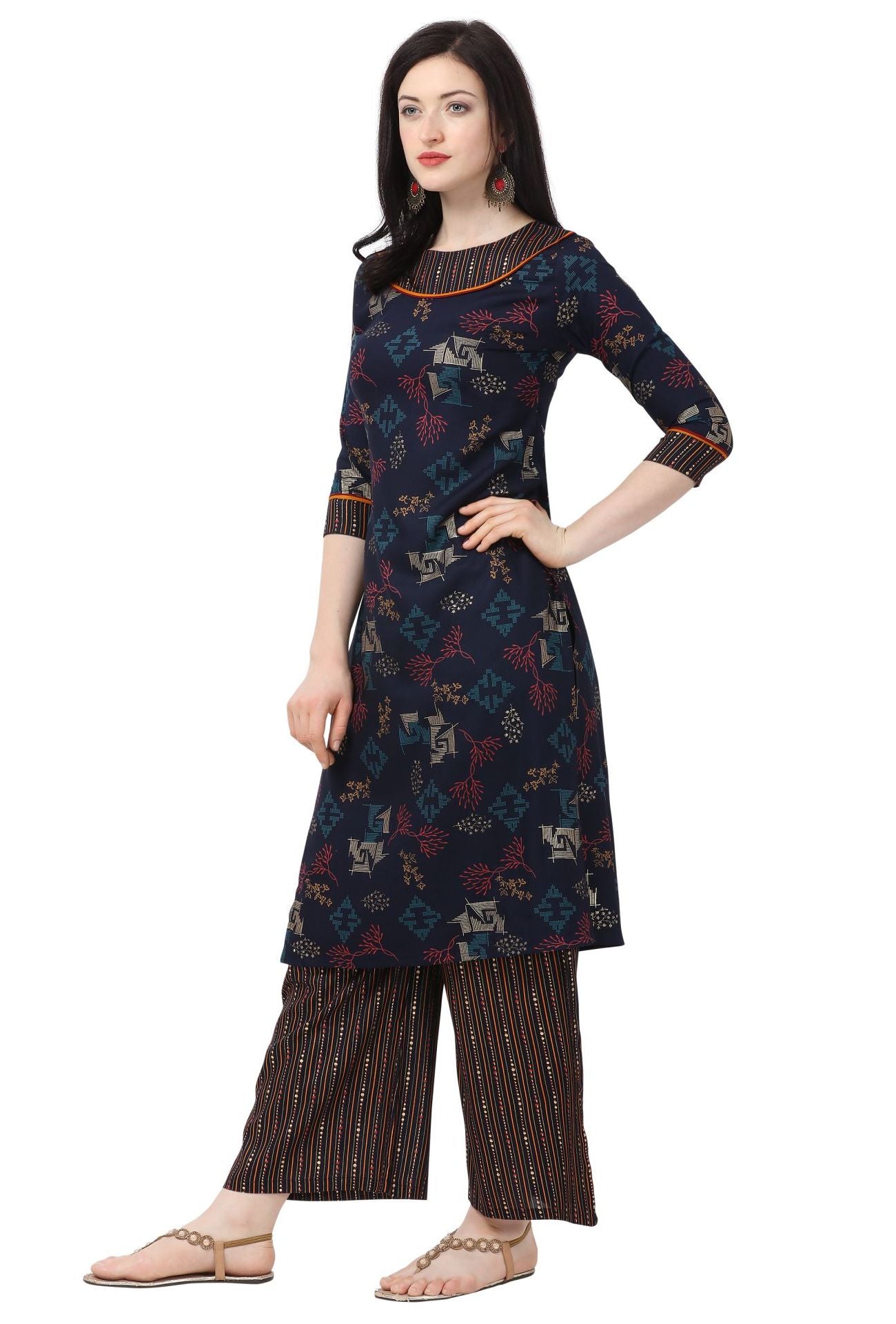Navy Blue Rayon Foil Print Women's Straight Kurta