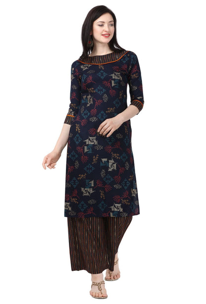 Navy Blue Rayon Foil Print Women's Straight Kurta