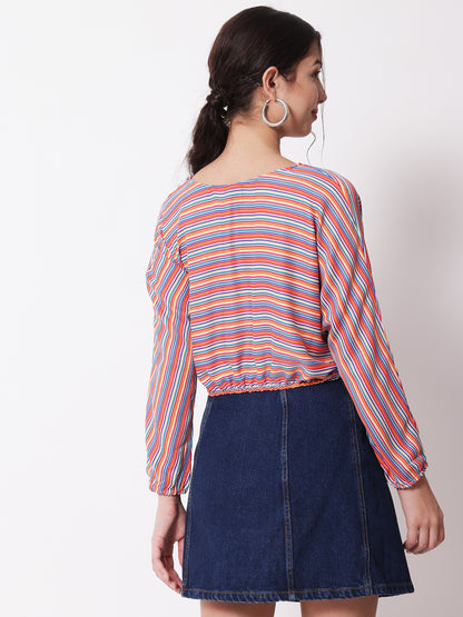 Women's Party Full Sleeve Striped Red Multicolor Top