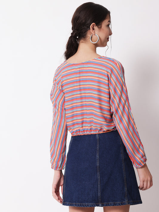 Women's Party Full Sleeve Striped Red Multicolor Top
