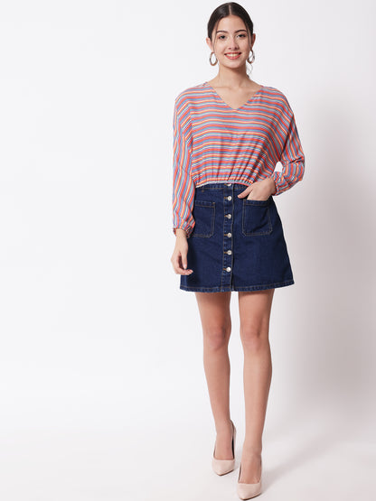 Women's Party Full Sleeve Striped Red Multicolor Top