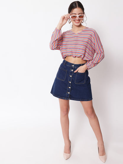 Women's Party Full Sleeve Striped Red Multicolor Top