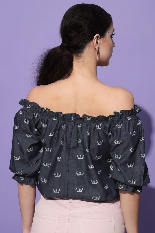 Women's Casual Half Sleeve Printed Navy Blue Top