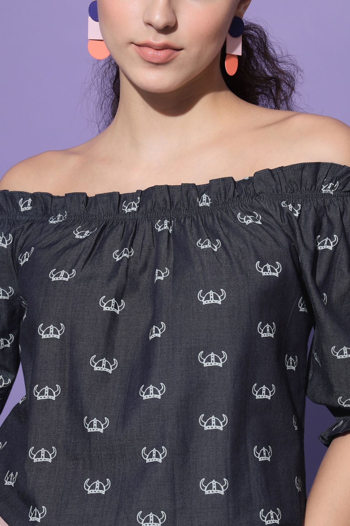 Women's Casual Half Sleeve Printed Navy Blue Top