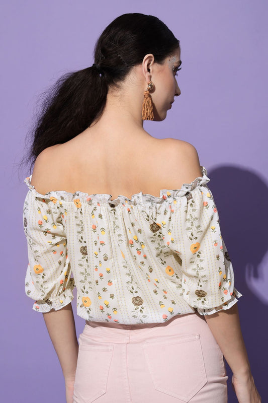 Women's Casual Half Sleeve Floral Print Beige Top
