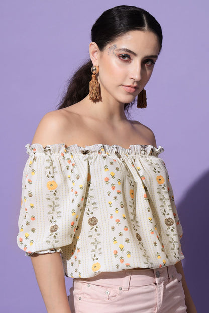 Women's Casual Half Sleeve Floral Print Beige Top