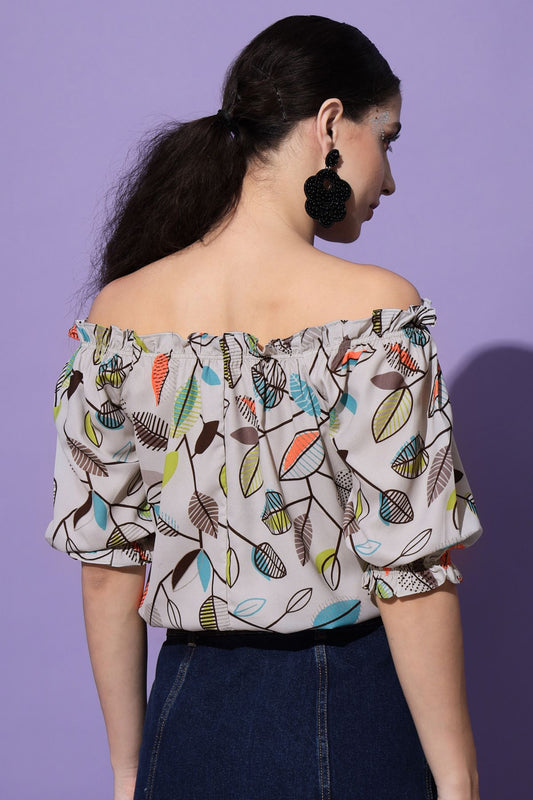 Women's Beach Wear Half Sleeve Floral Print Grey Top