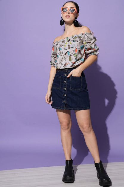 Women's Beach Wear Half Sleeve Floral Print Grey Top