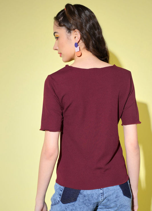 Women's Party Half Sleeve Solid Maroon Top