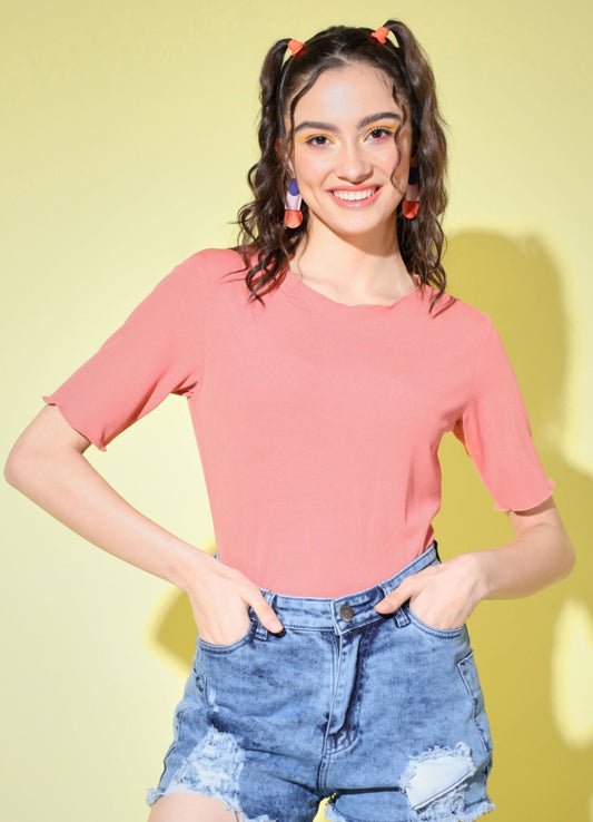 Women's Party Half Sleeve Solid  Pink Top