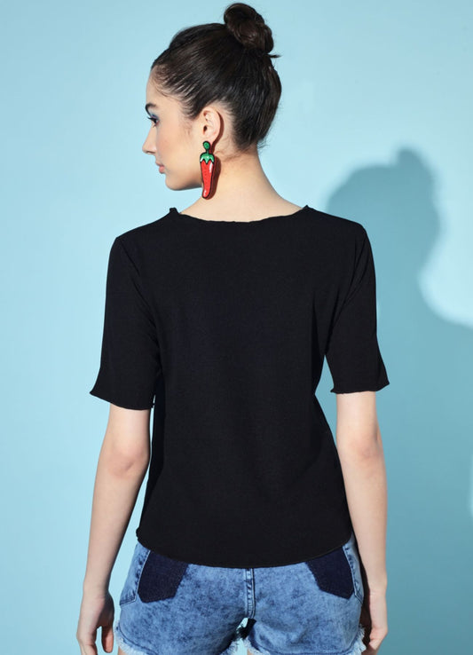 Women's Party Half Sleeve Solid  Black Top