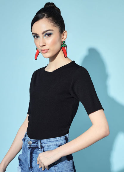 Women's Party Half Sleeve Solid  Black Top
