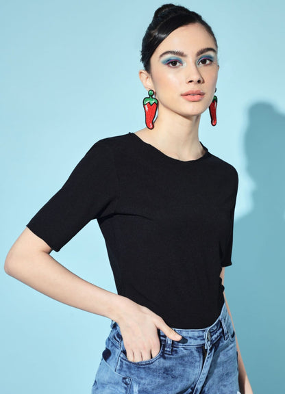 Women's Party Half Sleeve Solid  Black Top