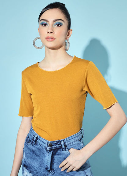 Women's Party Half Sleeve Solid Mustard Top