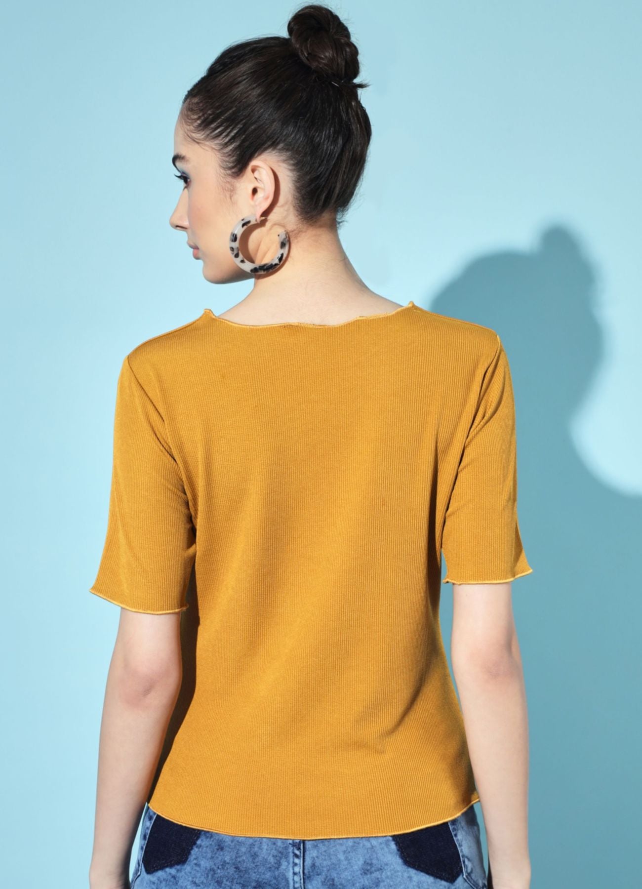 Women's Party Half Sleeve Solid Mustard Top