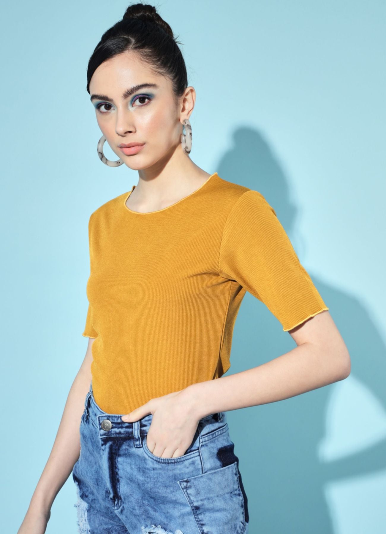 Women's Party Half Sleeve Solid Mustard Top