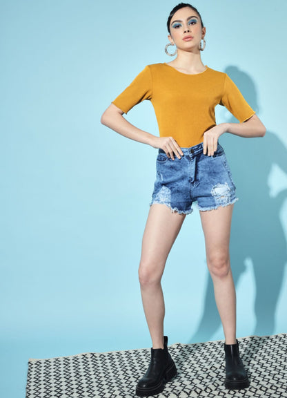 Women's Party Half Sleeve Solid Mustard Top