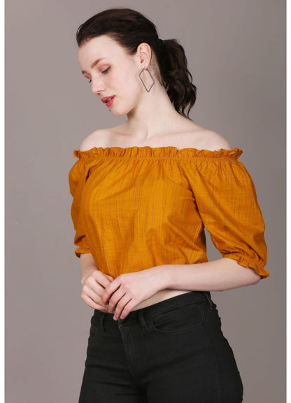 Women's Casual Half Sleeve Solid Mustard Top
