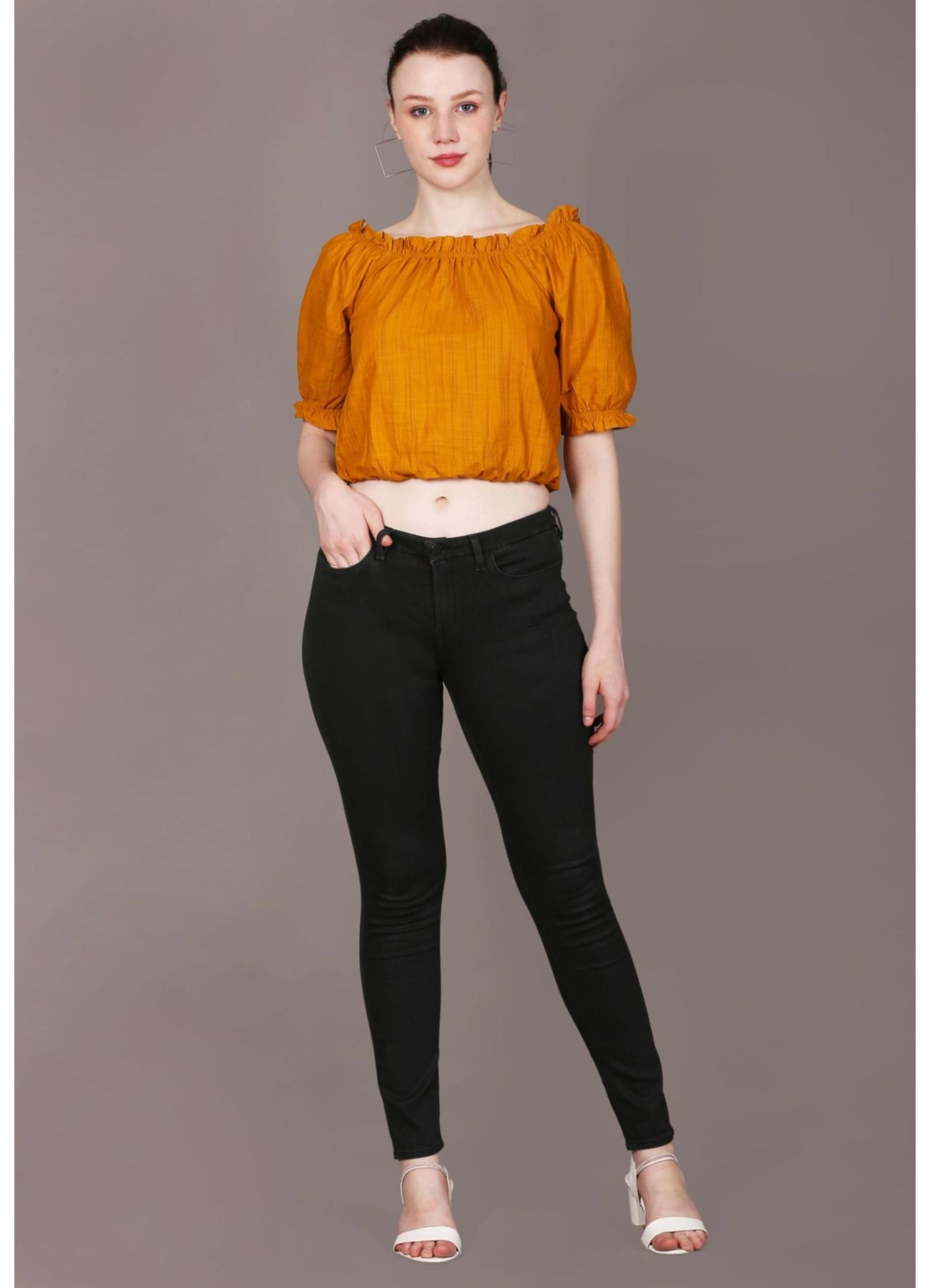 Women's Casual Half Sleeve Solid Mustard Top