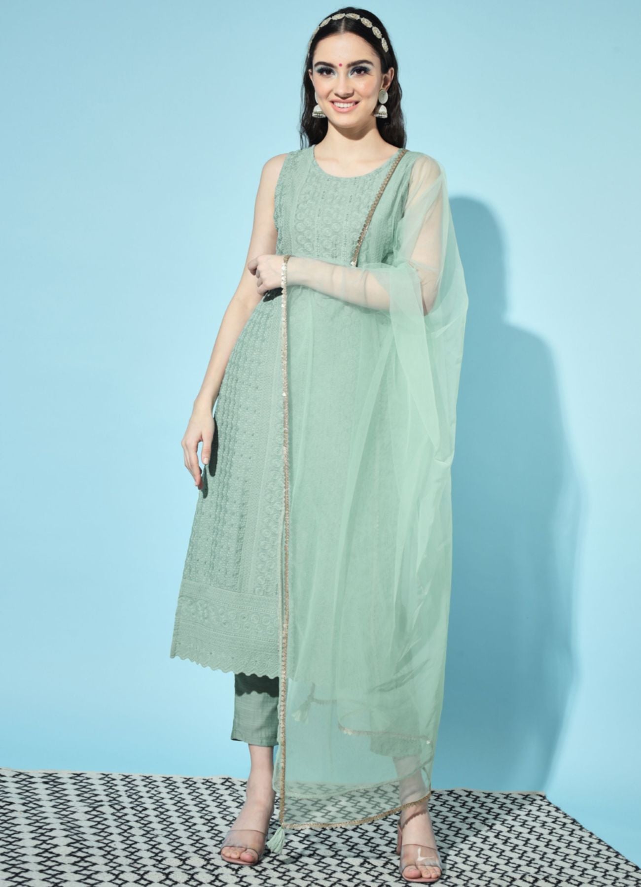 Women's  Embroidered Silk Blend Kurta Pyjama & Dupatta Set