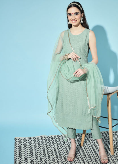 Women's  Embroidered Silk Blend Kurta Pyjama & Dupatta Set