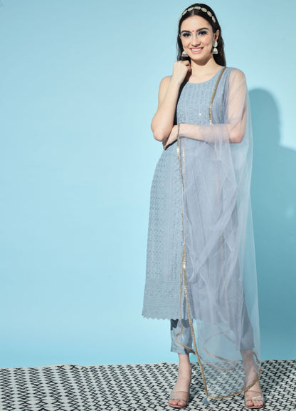 Women's Embroidered Silk Blend  Kurta Pyjama & Dupatta Set