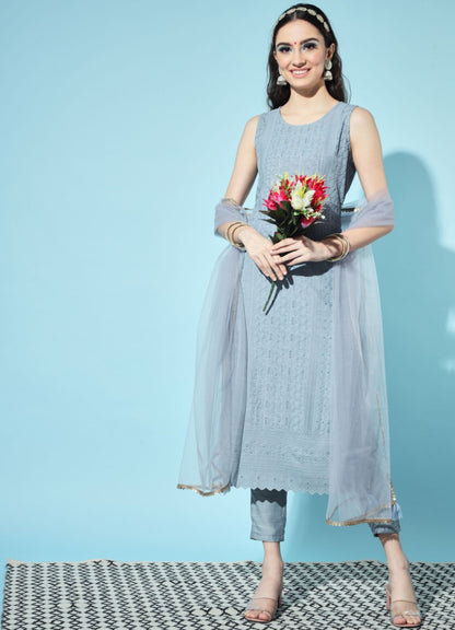 Women's Embroidered Silk Blend  Kurta Pyjama & Dupatta Set