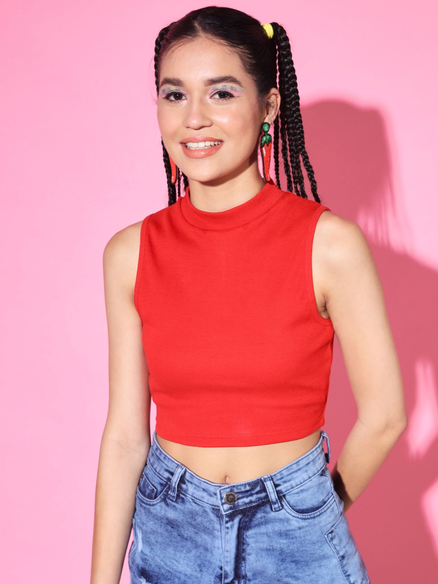 Women's Casual No Sleeve Solid Red Top