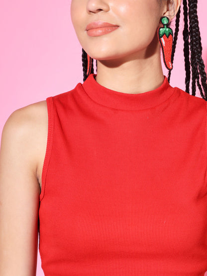 Women's Casual No Sleeve Solid Red Top