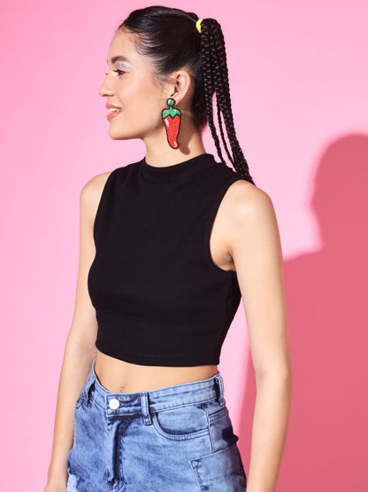 Women's Casual No Sleeve Solid Black Top