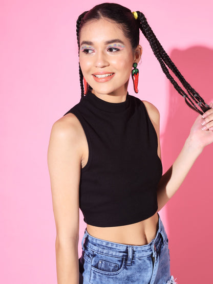 Women's Casual No Sleeve Solid Black Top