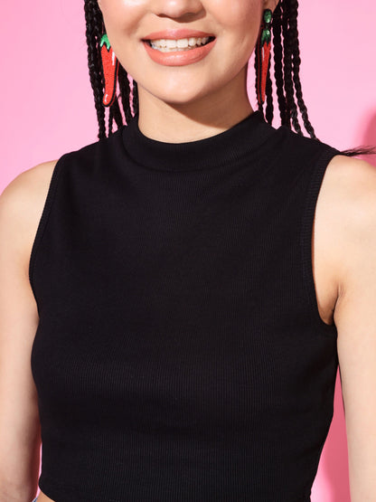 Women's Casual No Sleeve Solid Black Top