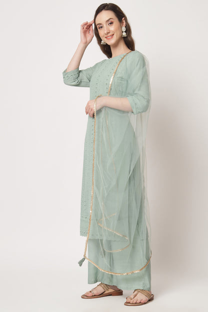 Women's Embroidered Silk Blend  Kurta and Palazzo Set